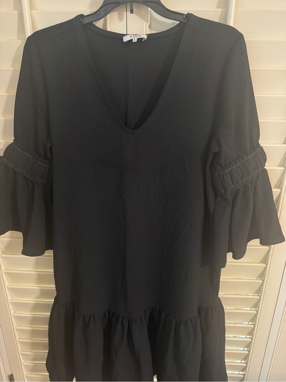 Ganni Black V-Neck Dress with Subtle Texture